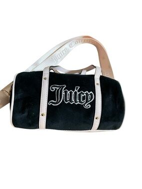 Juicy Couture Black Velour Mini Barrel Bag with Cream Trim and Strap